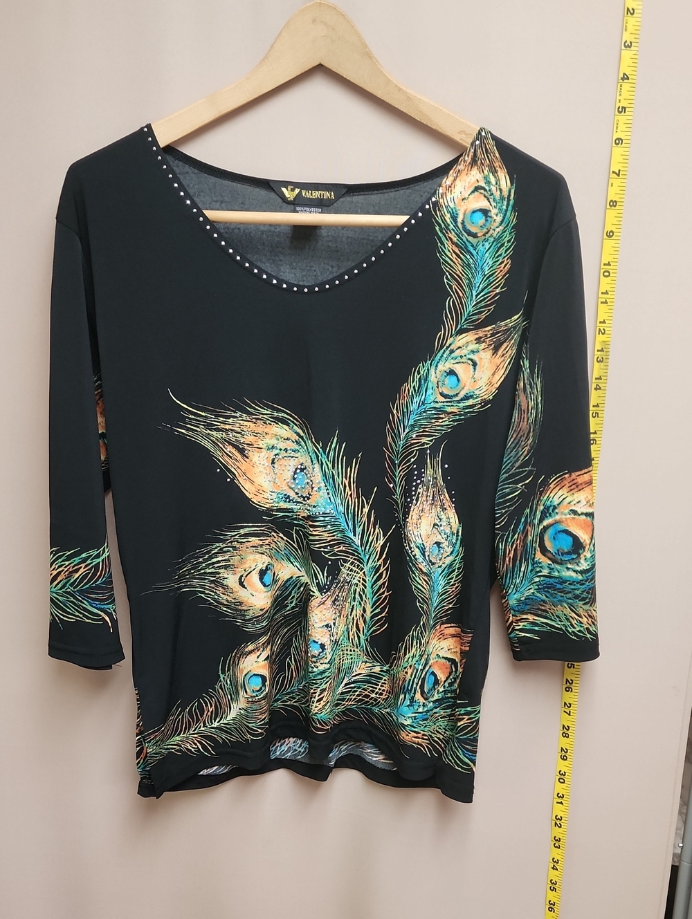 Light Weight Black Blouse With Vibrantly Colored Peacock Feather Print